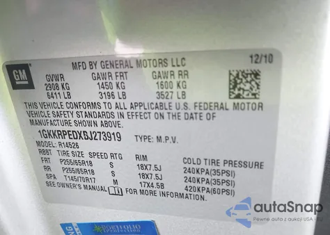 2011 GMC Acadia Sle z USA, uszkodzony, nr VIN 1GKKRPEDXBJ273919